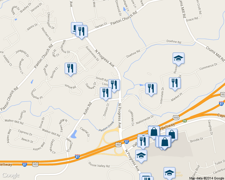 map of restaurants, bars, coffee shops, grocery stores, and more near 2244 Ionoff Rd in Harrisburg
