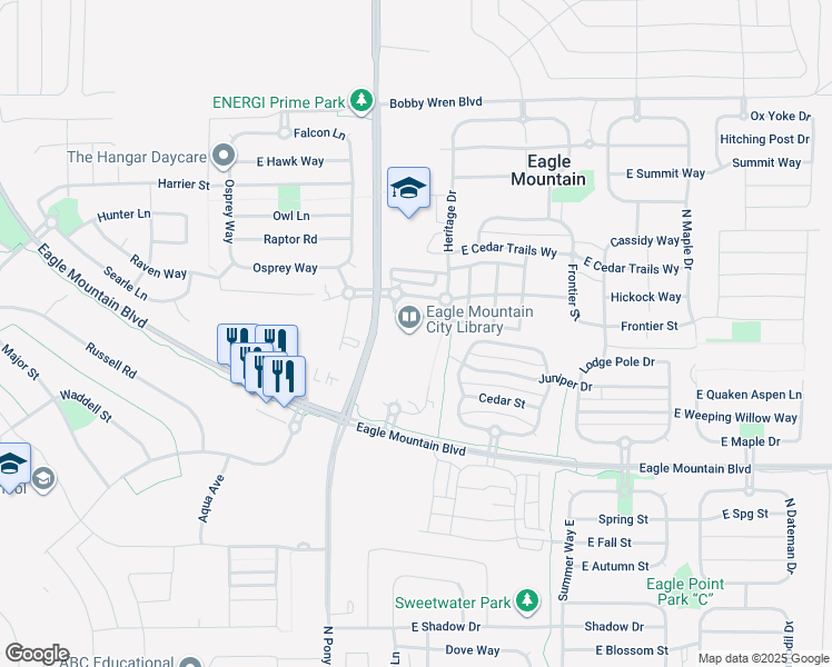 map of restaurants, bars, coffee shops, grocery stores, and more near 1650 Stagecoach Run in Eagle Mountain