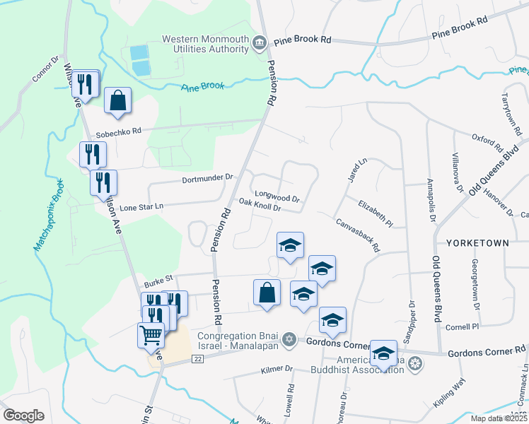 map of restaurants, bars, coffee shops, grocery stores, and more near 157 Chestnut Way in Manalapan Township