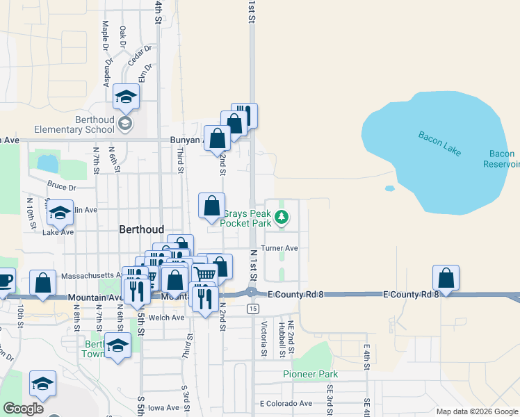 map of restaurants, bars, coffee shops, grocery stores, and more near 875 Mount Massive Street in Berthoud