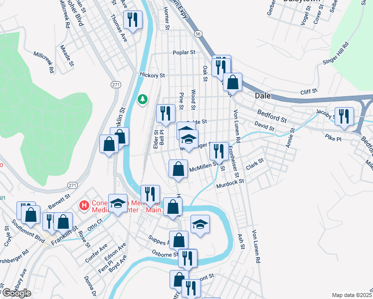 map of restaurants, bars, coffee shops, grocery stores, and more near 220 Messenger Street in Johnstown