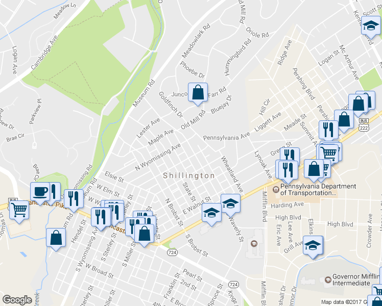 map of restaurants, bars, coffee shops, grocery stores, and more near 235 Pennsylvania Avenue in Shillington