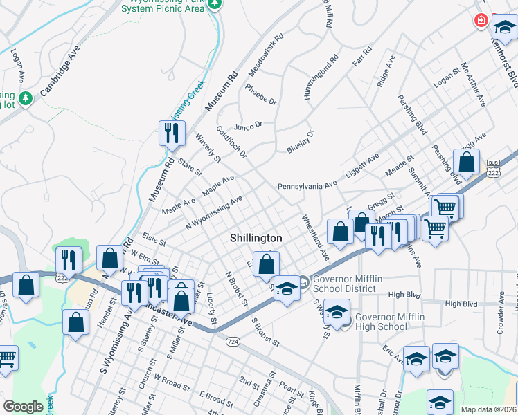 map of restaurants, bars, coffee shops, grocery stores, and more near 530 North Wyomissing Avenue in Shillington