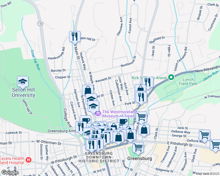 map of restaurants, bars, coffee shops, grocery stores, and more near 424 Center Avenue in Greensburg