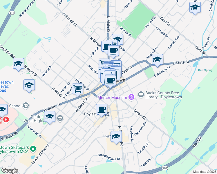 map of restaurants, bars, coffee shops, grocery stores, and more near in Doylestown