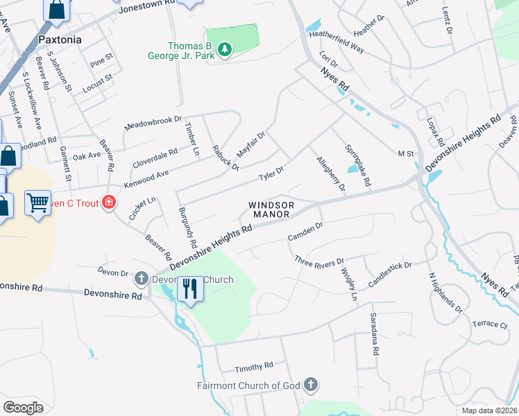 map of restaurants, bars, coffee shops, grocery stores, and more near 5925 Longview Road in Harrisburg