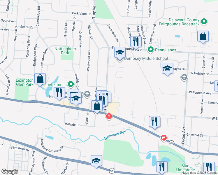 map of restaurants, bars, coffee shops, grocery stores, and more near 107 Georgetown Drive in Delaware