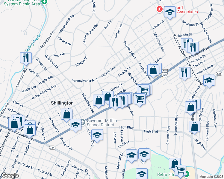 map of restaurants, bars, coffee shops, grocery stores, and more near 521 Gregg Avenue in Shillington