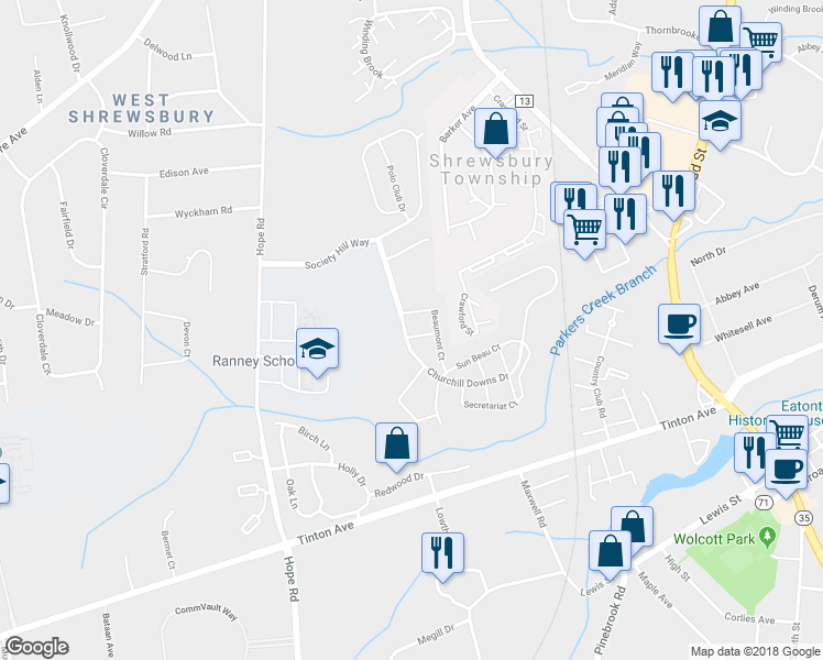 map of restaurants, bars, coffee shops, grocery stores, and more near 1 Preakness Court in Tinton Falls