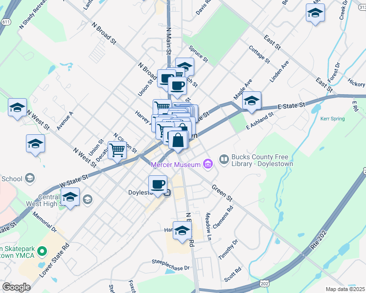 map of restaurants, bars, coffee shops, grocery stores, and more near 20 East Oakland Avenue in Doylestown