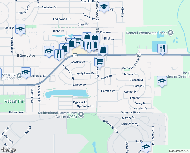 map of restaurants, bars, coffee shops, grocery stores, and more near 204 Shady Lawn Drive in Rantoul