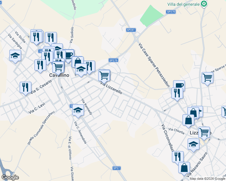 map of restaurants, bars, coffee shops, grocery stores, and more near 110 Via Lizzanello in Cavallino