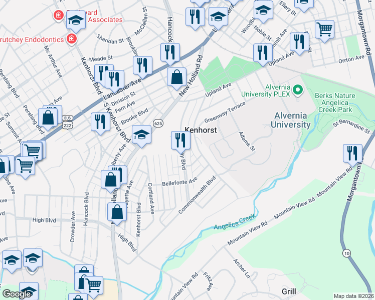 map of restaurants, bars, coffee shops, grocery stores, and more near 1126 Broadway Boulevard in Reading