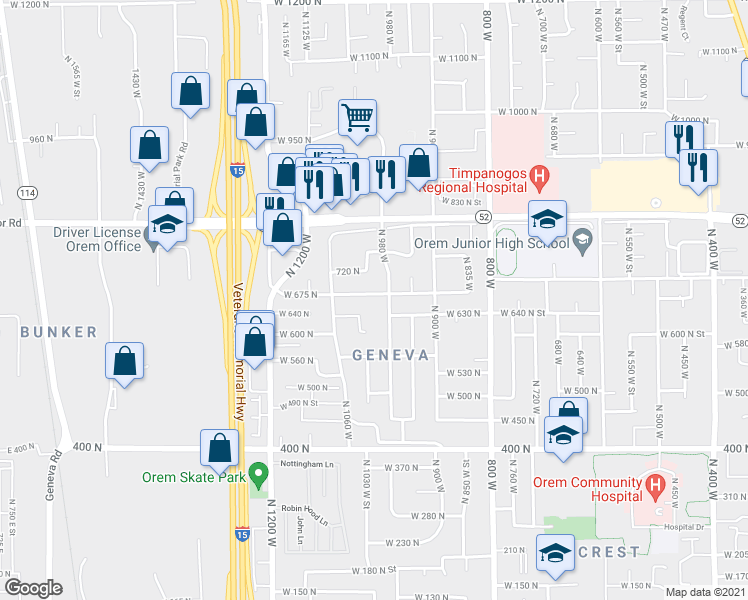 map of restaurants, bars, coffee shops, grocery stores, and more near 1003 West 675 North in Orem
