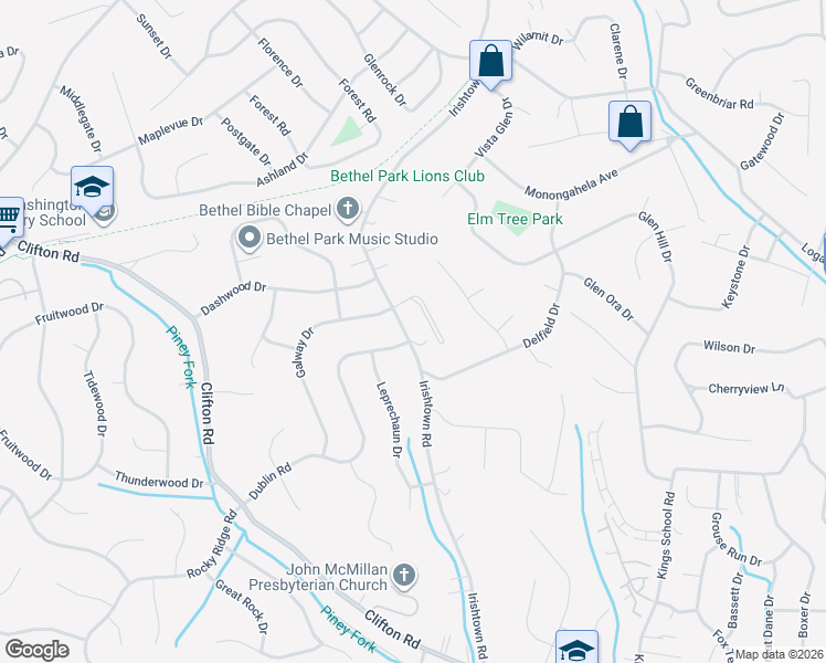 map of restaurants, bars, coffee shops, grocery stores, and more near 5877 Irishtown Road in Bethel Park