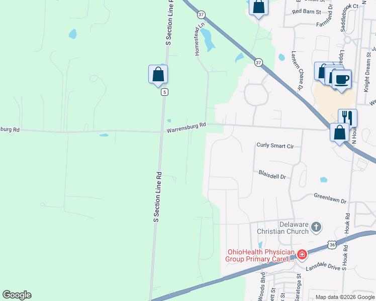 map of restaurants, bars, coffee shops, grocery stores, and more near 2887 Warrensburg Road in Delaware