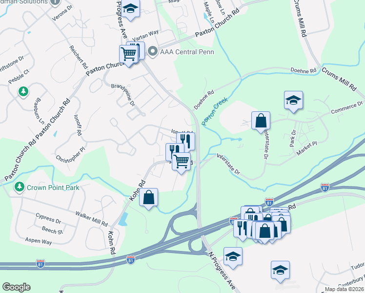 map of restaurants, bars, coffee shops, grocery stores, and more near 2244 Ionoff Road in Harrisburg