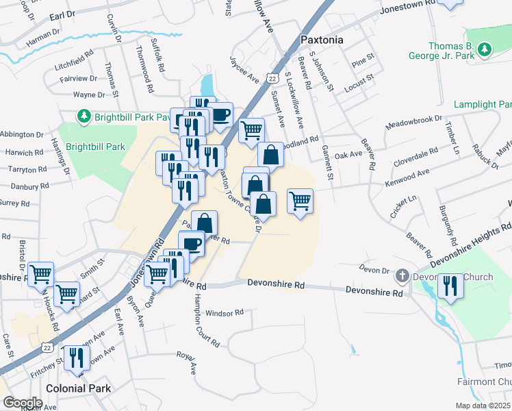 map of restaurants, bars, coffee shops, grocery stores, and more near 5125 Jonestown Road in Harrisburg