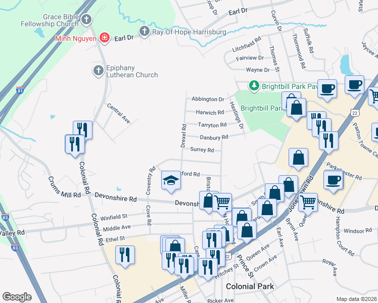 map of restaurants, bars, coffee shops, grocery stores, and more near 4603 Surrey Road in Harrisburg
