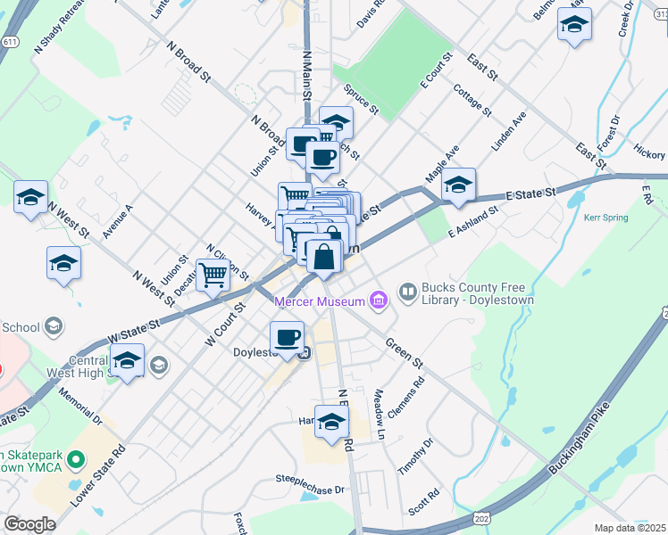 map of restaurants, bars, coffee shops, grocery stores, and more near 30 East Oakland Avenue in Doylestown