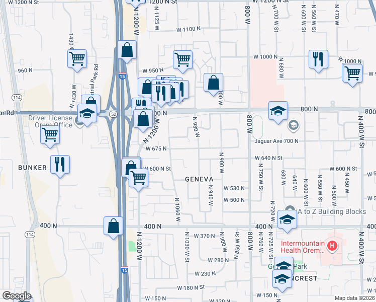 map of restaurants, bars, coffee shops, grocery stores, and more near 1003 West 675 North in Orem