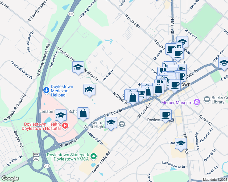 map of restaurants, bars, coffee shops, grocery stores, and more near 225 North West Street in Doylestown