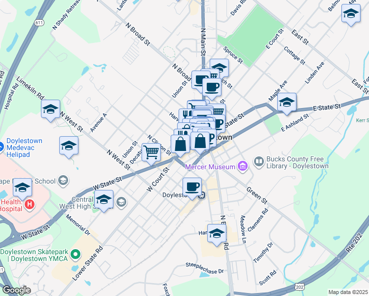 map of restaurants, bars, coffee shops, grocery stores, and more near 90 West Court Street in Doylestown
