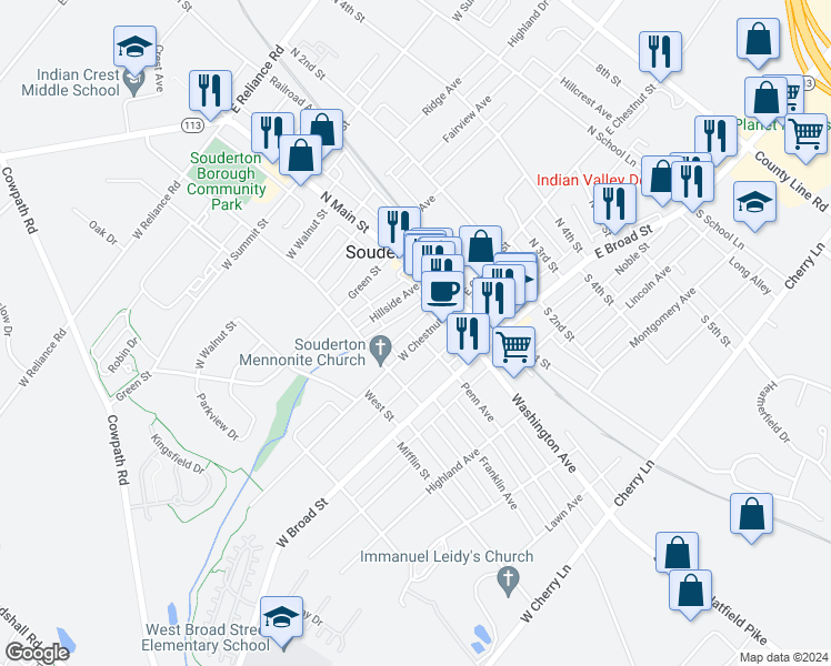 map of restaurants, bars, coffee shops, grocery stores, and more near 41 West Chestnut Street in Souderton