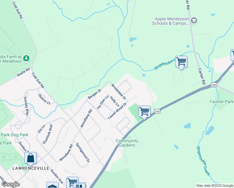 map of restaurants, bars, coffee shops, grocery stores, and more near 9 Brookdale Drive in Lawrence Township