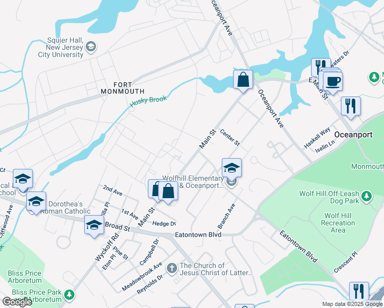 map of restaurants, bars, coffee shops, grocery stores, and more near 93 Main Street in Oceanport
