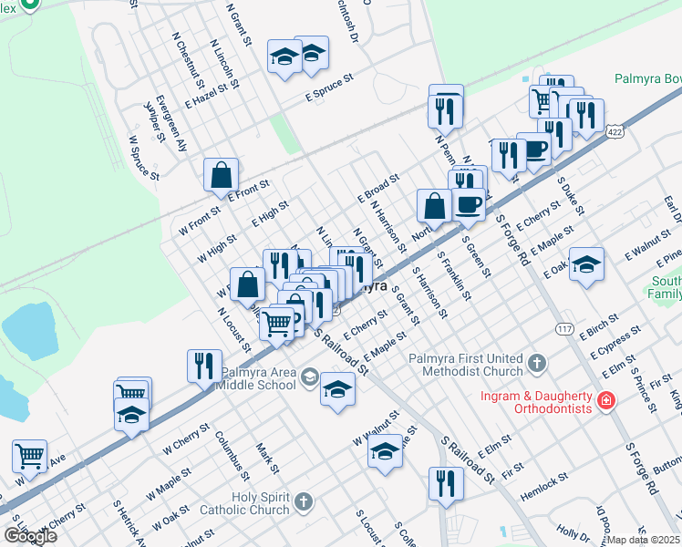 map of restaurants, bars, coffee shops, grocery stores, and more near 37 North Lincoln Street in Palmyra