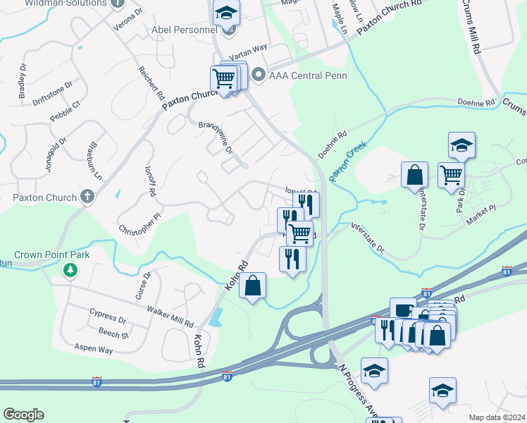 map of restaurants, bars, coffee shops, grocery stores, and more near 2404 Chadwick Court in Harrisburg