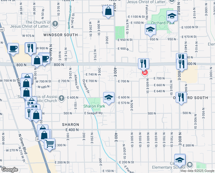 map of restaurants, bars, coffee shops, grocery stores, and more near 681 400 East in Orem