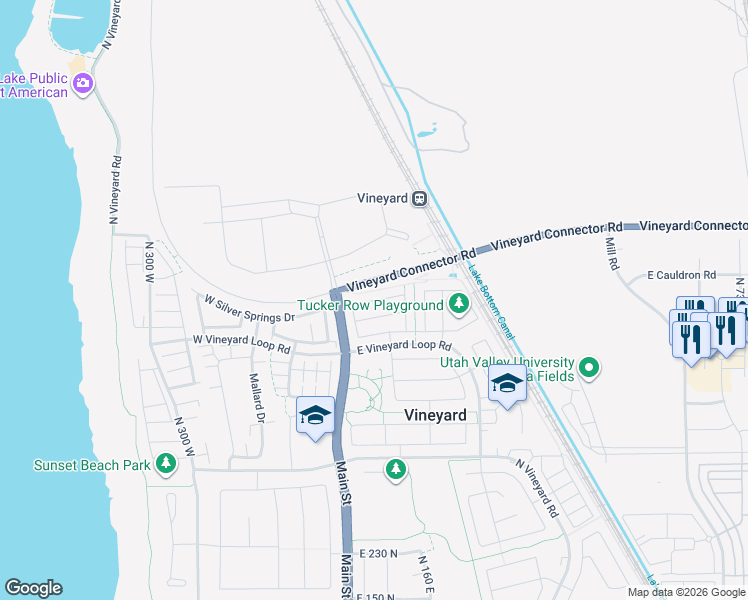 map of restaurants, bars, coffee shops, grocery stores, and more near 93 East 700 North in Vineyard