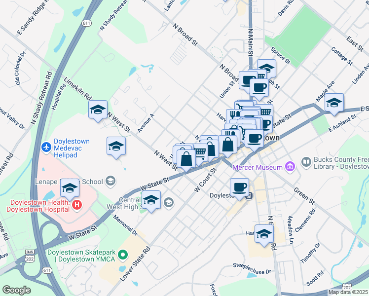 map of restaurants, bars, coffee shops, grocery stores, and more near 187 Decatur Street in Doylestown