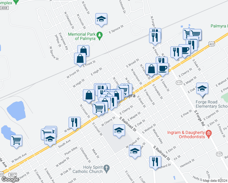 map of restaurants, bars, coffee shops, grocery stores, and more near 37 North Lincoln Street in Palmyra