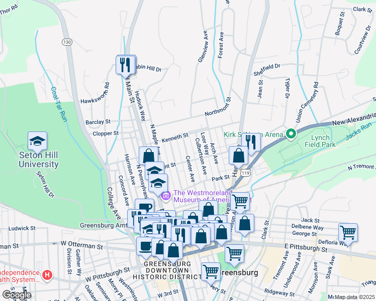 map of restaurants, bars, coffee shops, grocery stores, and more near 424 Center Avenue in Greensburg
