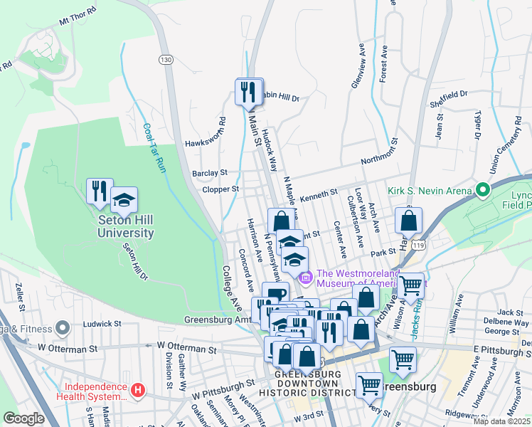 map of restaurants, bars, coffee shops, grocery stores, and more near 452 North Pennsylvania Avenue in Greensburg