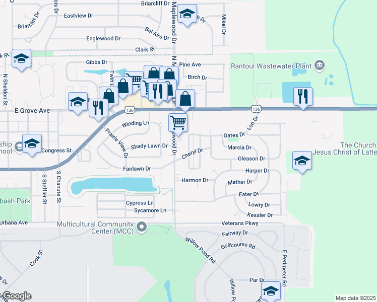 map of restaurants, bars, coffee shops, grocery stores, and more near 252 Keystone Drive in Rantoul