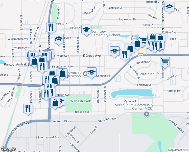 map of restaurants, bars, coffee shops, grocery stores, and more near 729 Congress Street in Rantoul