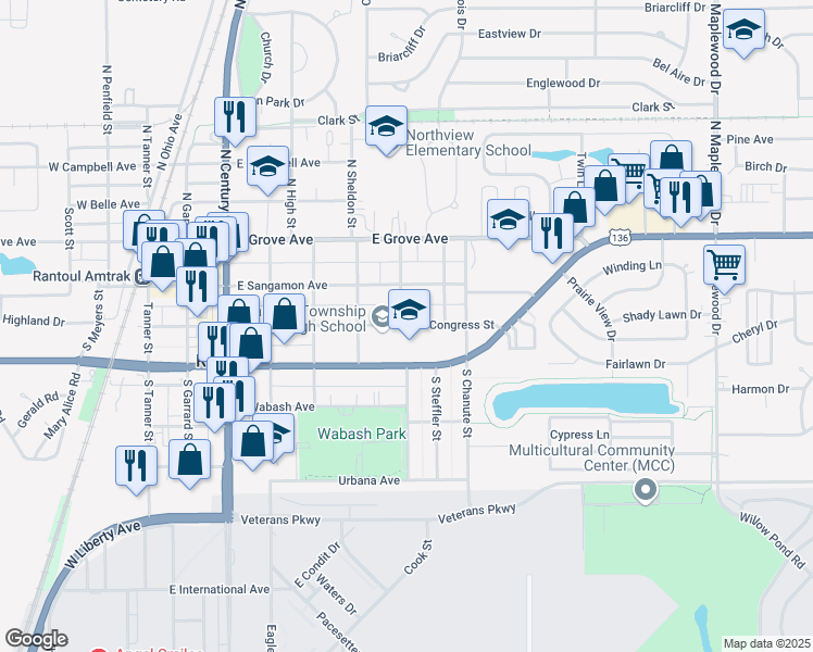 map of restaurants, bars, coffee shops, grocery stores, and more near 720 Congress Street in Rantoul