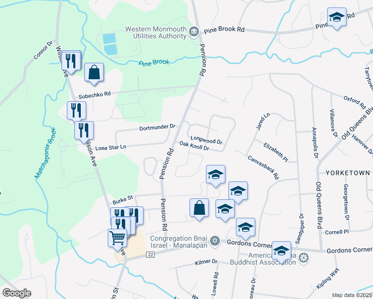 map of restaurants, bars, coffee shops, grocery stores, and more near 52 Pension Road in Manalapan Township