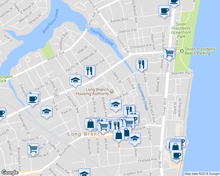 map of restaurants, bars, coffee shops, grocery stores, and more near 42 University Drive in Long Branch