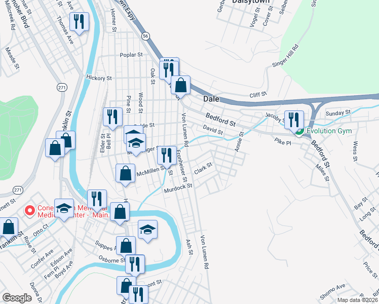 map of restaurants, bars, coffee shops, grocery stores, and more near 715 Von Lunen Road in Johnstown