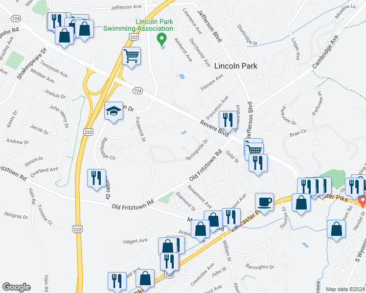 map of restaurants, bars, coffee shops, grocery stores, and more near 399 Amy Court in Berks County