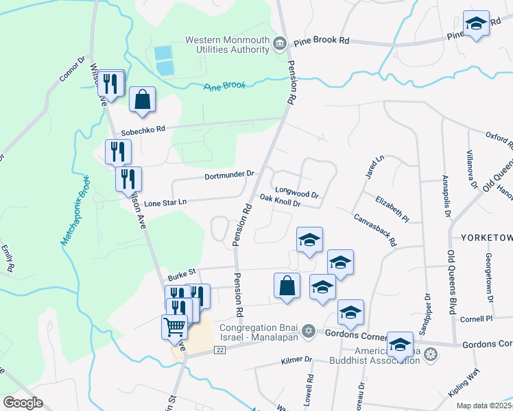 map of restaurants, bars, coffee shops, grocery stores, and more near 52 Pension Road in Manalapan Township