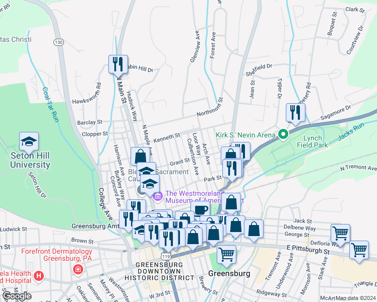 map of restaurants, bars, coffee shops, grocery stores, and more near 416 Culbertson Avenue in Greensburg