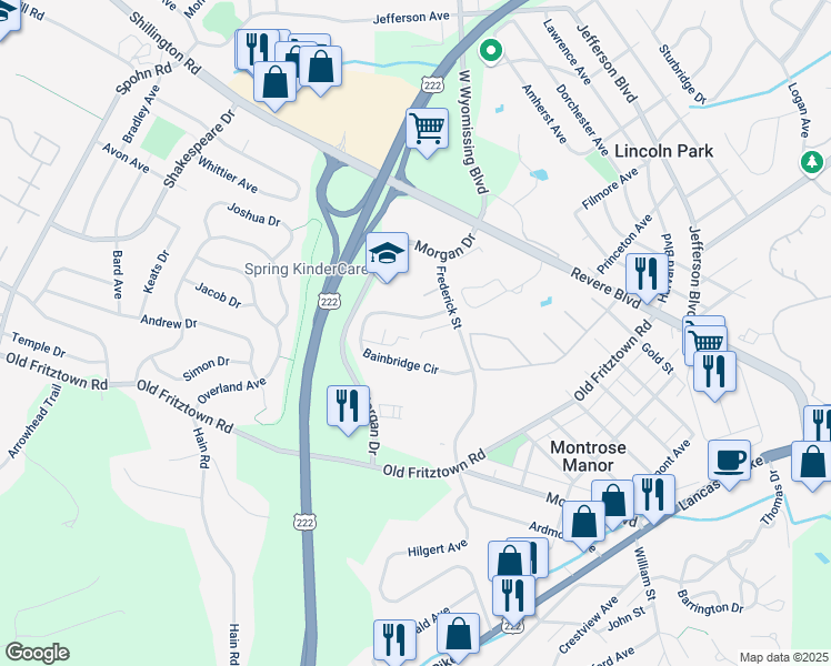 map of restaurants, bars, coffee shops, grocery stores, and more near 127 Kendal Court in Sinking Spring
