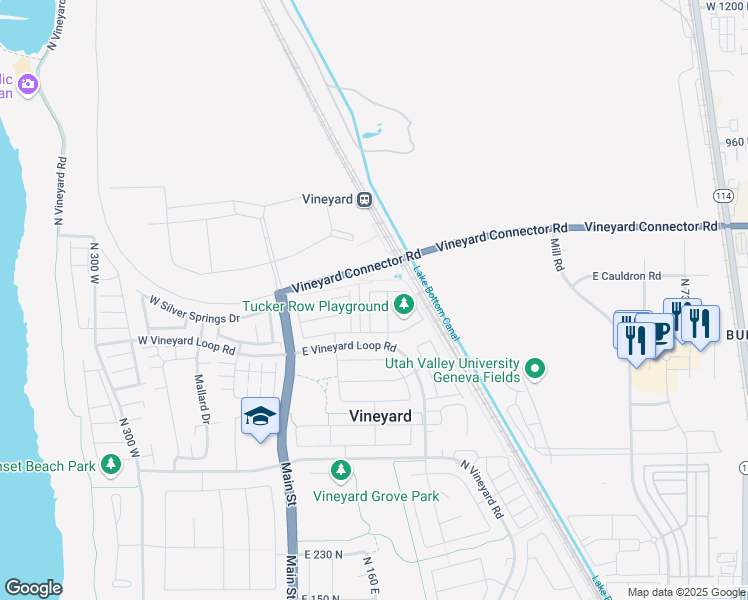 map of restaurants, bars, coffee shops, grocery stores, and more near 682 North 160 East in Vineyard