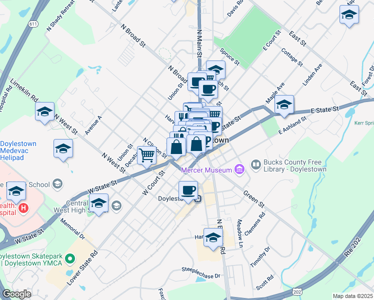 map of restaurants, bars, coffee shops, grocery stores, and more near 4 North Hamilton Street in Doylestown